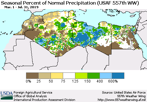 North Africa Seasonal Percent of Normal Precipitation (USAF 557th WW) Thematic Map For 3/1/2019 - 7/31/2019