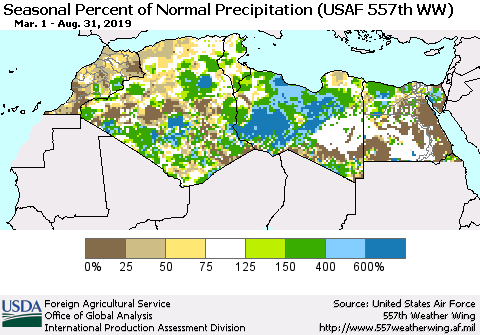 North Africa Seasonal Percent of Normal Precipitation (USAF 557th WW) Thematic Map For 3/1/2019 - 8/31/2019