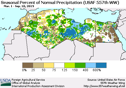North Africa Seasonal Percent of Normal Precipitation (USAF 557th WW) Thematic Map For 3/1/2019 - 9/10/2019