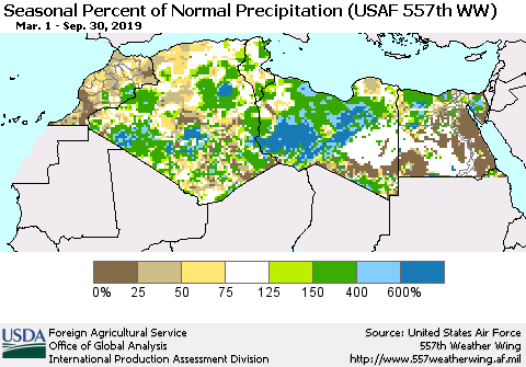 North Africa Seasonal Percent of Normal Precipitation (USAF 557th WW) Thematic Map For 3/1/2019 - 9/30/2019