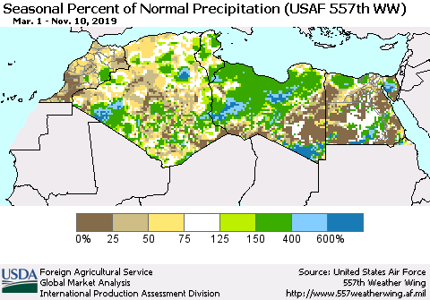 North Africa Seasonal Percent of Normal Precipitation (USAF 557th WW) Thematic Map For 3/1/2019 - 11/10/2019