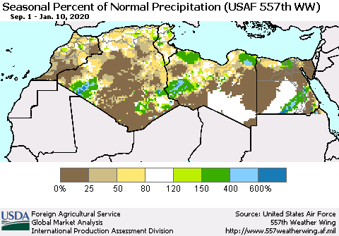 North Africa Seasonal Percent of Normal Precipitation (USAF 557th WW) Thematic Map For 9/1/2019 - 1/10/2020