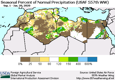 North Africa Seasonal Percent of Normal Precipitation (USAF 557th WW) Thematic Map For 9/1/2019 - 1/20/2020
