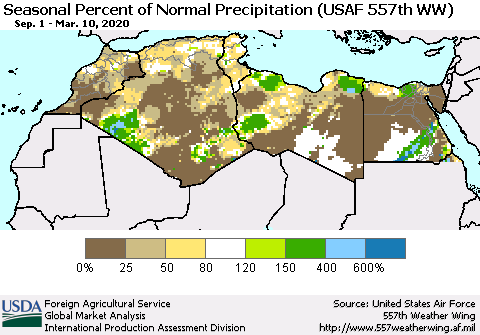 North Africa Seasonal Percent of Normal Precipitation (USAF 557th WW) Thematic Map For 9/1/2019 - 3/10/2020