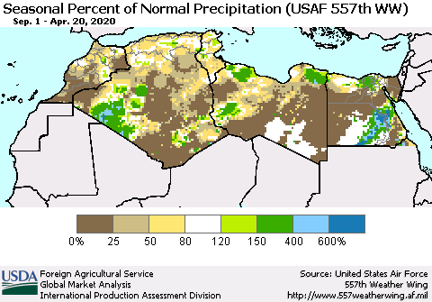 North Africa Seasonal Percent of Normal Precipitation (USAF 557th WW) Thematic Map For 9/1/2019 - 4/20/2020