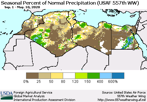 North Africa Seasonal Percent of Normal Precipitation (USAF 557th WW) Thematic Map For 9/1/2019 - 5/10/2020