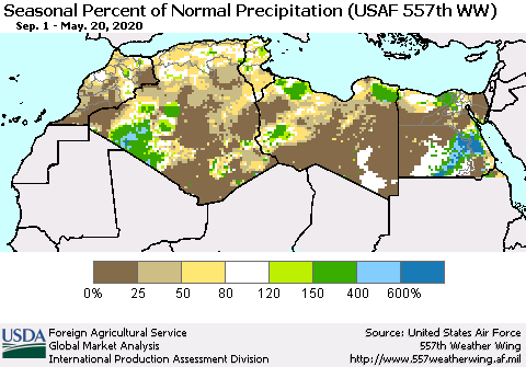 North Africa Seasonal Percent of Normal Precipitation (USAF 557th WW) Thematic Map For 9/1/2019 - 5/20/2020
