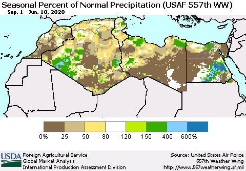 North Africa Seasonal Percent of Normal Precipitation (USAF 557th WW) Thematic Map For 9/1/2019 - 6/10/2020