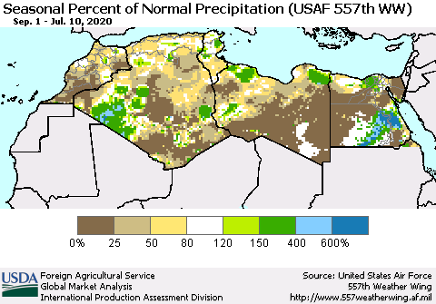 North Africa Seasonal Percent of Normal Precipitation (USAF 557th WW) Thematic Map For 9/1/2019 - 7/10/2020