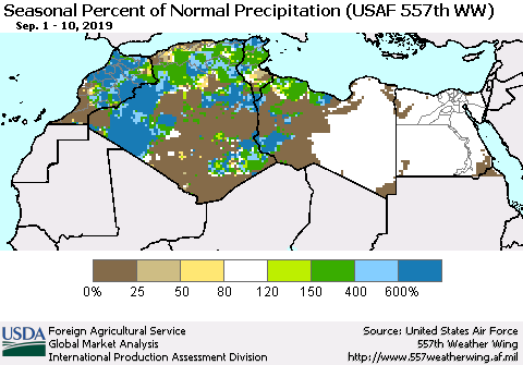 North Africa Seasonal Percent of Normal Precipitation (USAF 557th WW) Thematic Map For 9/1/2019 - 9/10/2019