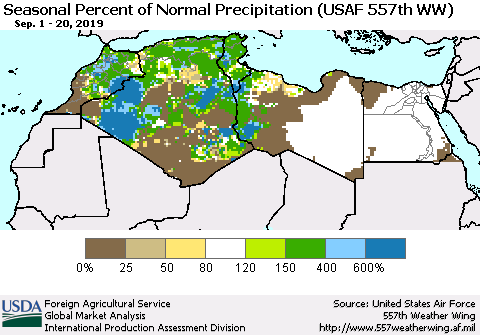 North Africa Seasonal Percent of Normal Precipitation (USAF 557th WW) Thematic Map For 9/1/2019 - 9/20/2019