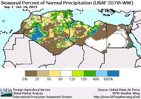 North Africa Seasonal Percent of Normal Precipitation (USAF 557th WW) Thematic Map For 9/1/2019 - 10/10/2019