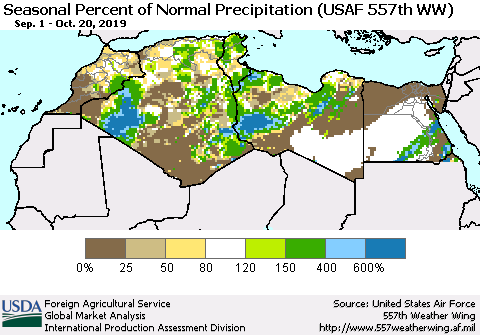 North Africa Seasonal Percent of Normal Precipitation (USAF 557th WW) Thematic Map For 9/1/2019 - 10/20/2019