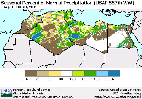 North Africa Seasonal Percent of Normal Precipitation (USAF 557th WW) Thematic Map For 9/1/2019 - 10/31/2019