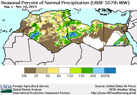 North Africa Seasonal Percent of Normal Precipitation (USAF 557th WW) Thematic Map For 9/1/2019 - 11/10/2019