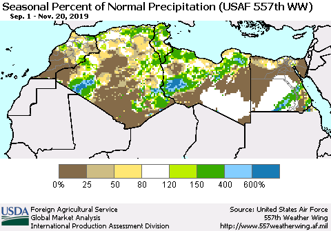 North Africa Seasonal Percent of Normal Precipitation (USAF 557th WW) Thematic Map For 9/1/2019 - 11/20/2019