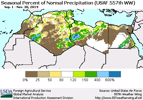 North Africa Seasonal Percent of Normal Precipitation (USAF 557th WW) Thematic Map For 9/1/2019 - 11/30/2019