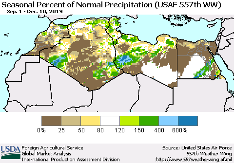 North Africa Seasonal Percent of Normal Precipitation (USAF 557th WW) Thematic Map For 9/1/2019 - 12/10/2019