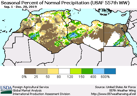 North Africa Seasonal Percent of Normal Precipitation (USAF 557th WW) Thematic Map For 9/1/2019 - 12/20/2019