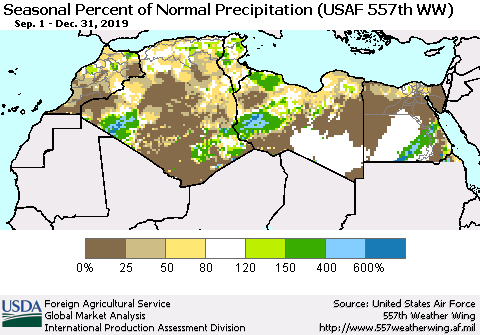 North Africa Seasonal Percent of Normal Precipitation (USAF 557th WW) Thematic Map For 9/1/2019 - 12/31/2019