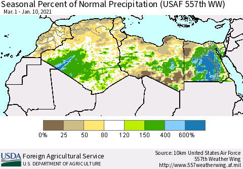 North Africa Seasonal Percent of Normal Precipitation (USAF 557th WW) Thematic Map For 3/1/2020 - 1/10/2021