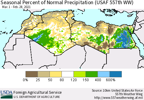 North Africa Seasonal Percent of Normal Precipitation (USAF 557th WW) Thematic Map For 3/1/2020 - 2/28/2021