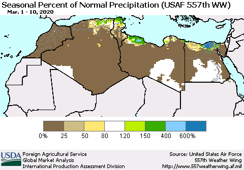 North Africa Seasonal Percent of Normal Precipitation (USAF 557th WW) Thematic Map For 3/1/2020 - 3/10/2020