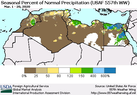 North Africa Seasonal Percent of Normal Precipitation (USAF 557th WW) Thematic Map For 3/1/2020 - 3/20/2020