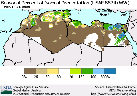 North Africa Seasonal Percent of Normal Precipitation (USAF 557th WW) Thematic Map For 3/1/2020 - 3/31/2020
