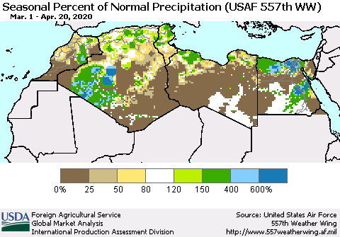 North Africa Seasonal Percent of Normal Precipitation (USAF 557th WW) Thematic Map For 3/1/2020 - 4/20/2020