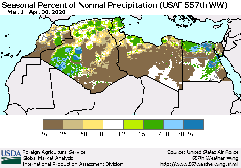 North Africa Seasonal Percent of Normal Precipitation (USAF 557th WW) Thematic Map For 3/1/2020 - 4/30/2020