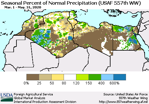 North Africa Seasonal Percent of Normal Precipitation (USAF 557th WW) Thematic Map For 3/1/2020 - 5/31/2020