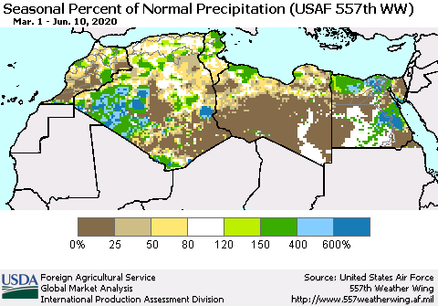 North Africa Seasonal Percent of Normal Precipitation (USAF 557th WW) Thematic Map For 3/1/2020 - 6/10/2020