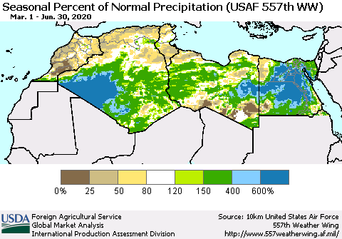 North Africa Seasonal Percent of Normal Precipitation (USAF 557th WW) Thematic Map For 3/1/2020 - 6/30/2020