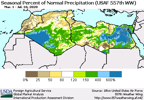 North Africa Seasonal Percent of Normal Precipitation (USAF 557th WW) Thematic Map For 3/1/2020 - 7/10/2020