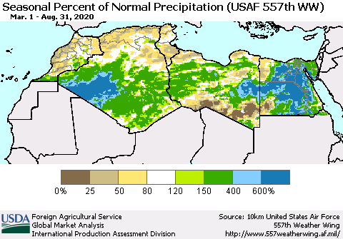 North Africa Seasonal Percent of Normal Precipitation (USAF 557th WW) Thematic Map For 3/1/2020 - 8/31/2020