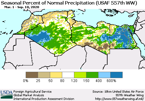 North Africa Seasonal Percent of Normal Precipitation (USAF 557th WW) Thematic Map For 3/1/2020 - 9/10/2020