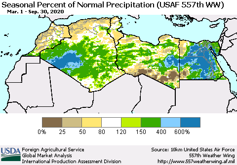 North Africa Seasonal Percent of Normal Precipitation (USAF 557th WW) Thematic Map For 3/1/2020 - 9/30/2020
