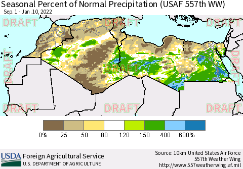 North Africa Seasonal Percent of Normal Precipitation (USAF 557th WW) Thematic Map For 9/1/2021 - 1/10/2022