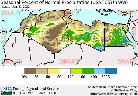 North Africa Seasonal Percent of Normal Precipitation (USAF 557th WW) Thematic Map For 9/1/2021 - 1/31/2022