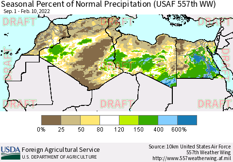 North Africa Seasonal Percent of Normal Precipitation (USAF 557th WW) Thematic Map For 9/1/2021 - 2/10/2022