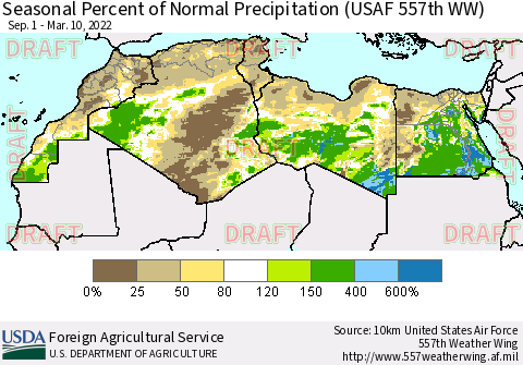 North Africa Seasonal Percent of Normal Precipitation (USAF 557th WW) Thematic Map For 9/1/2021 - 3/10/2022