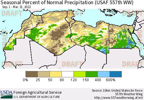 North Africa Seasonal Percent of Normal Precipitation (USAF 557th WW) Thematic Map For 9/1/2021 - 3/31/2022