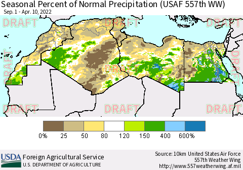 North Africa Seasonal Percent of Normal Precipitation (USAF 557th WW) Thematic Map For 9/1/2021 - 4/10/2022