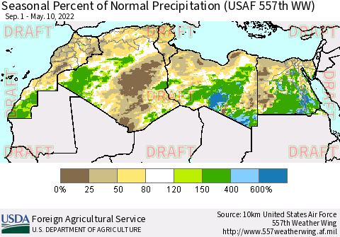 North Africa Seasonal Percent of Normal Precipitation (USAF 557th WW) Thematic Map For 9/1/2021 - 5/10/2022