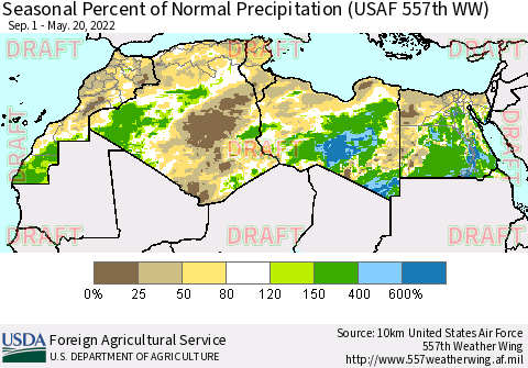 North Africa Seasonal Percent of Normal Precipitation (USAF 557th WW) Thematic Map For 9/1/2021 - 5/20/2022