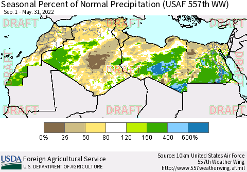 North Africa Seasonal Percent of Normal Precipitation (USAF 557th WW) Thematic Map For 9/1/2021 - 5/31/2022