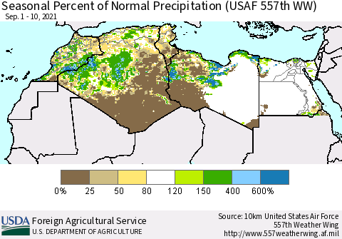 North Africa Seasonal Percent of Normal Precipitation (USAF 557th WW) Thematic Map For 9/1/2021 - 9/10/2021