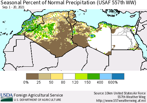 North Africa Seasonal Percent of Normal Precipitation (USAF 557th WW) Thematic Map For 9/1/2021 - 9/20/2021