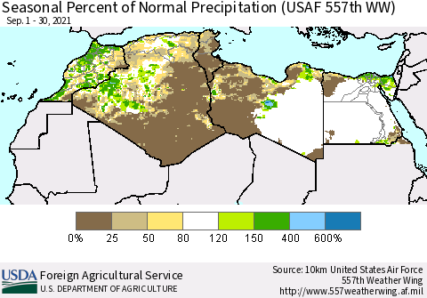 North Africa Seasonal Percent of Normal Precipitation (USAF 557th WW) Thematic Map For 9/1/2021 - 9/30/2021